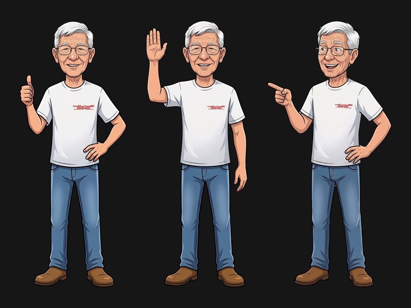 O mascote da Marim Escapamentos em três poses lado a lado sobre fundo escuro: polegar para cima, acenando e apontando. Ele usa óculos, camiseta branca com a logo da Marim, calça jeans e botina marrom.