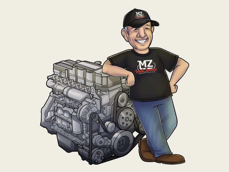Mascote da MZ Truck Service: senhor sorridente de boné e camiseta pretos com a marca e calça jeans, apoiado num motor diesel, sobre fundo creme.