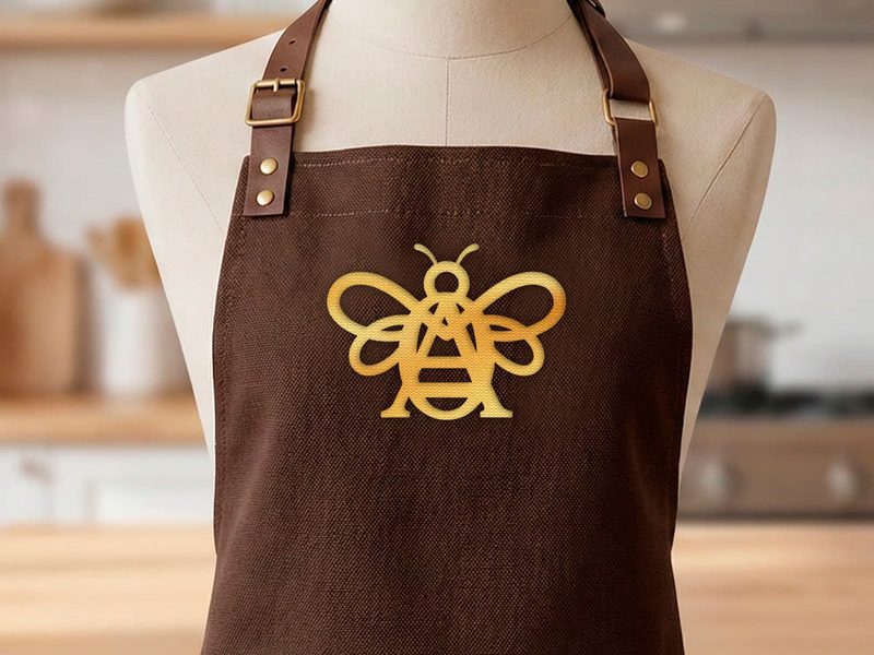 Simulação de avental marrom com alças de couro, vestido num manequim, com o símbolo da abelha em dourado no peito.
