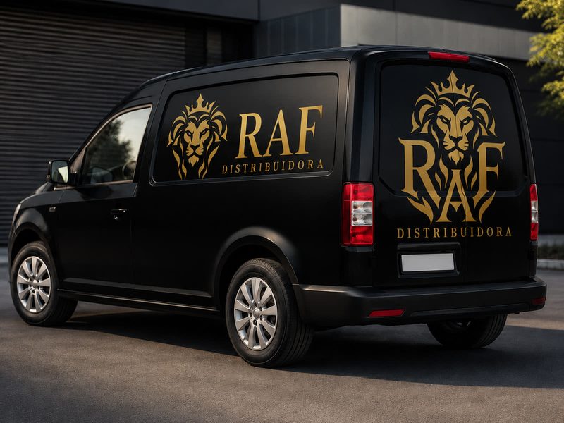 Van preta vista de trás e de lado com a marca da RAF Distribuidora em dourado: na lateral, o leão coroado ao lado de RAF DISTRIBUIDORA; na traseira, o leão sobre as letras R, A e F, com DISTRIBUIDORA embaixo.